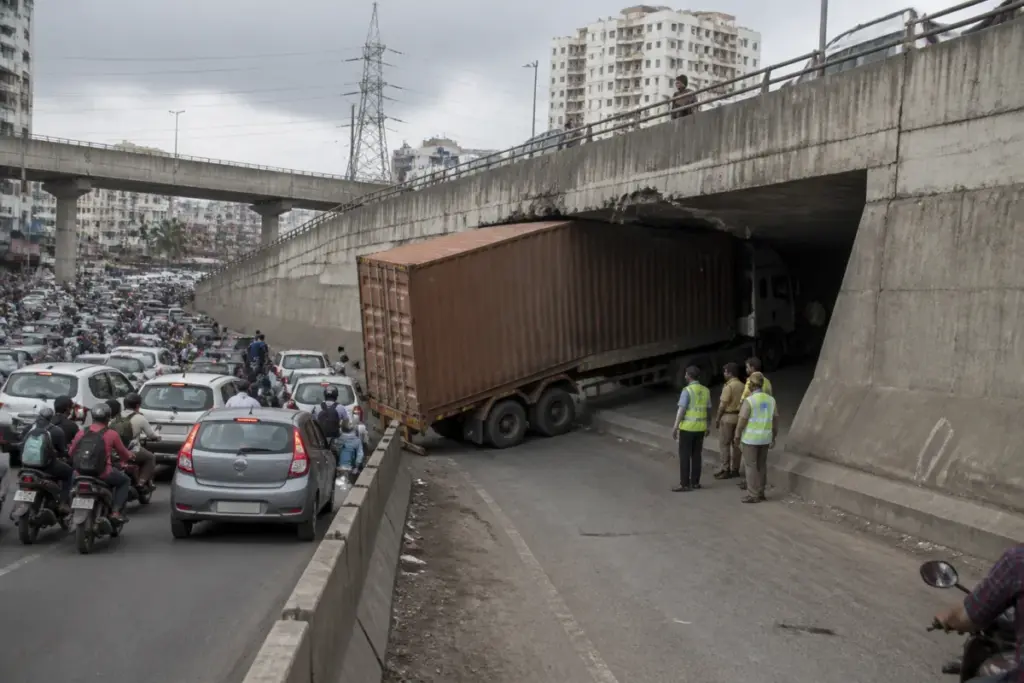 Container stuck inside a Pune grade separator causing a road blockade and traffic queue.