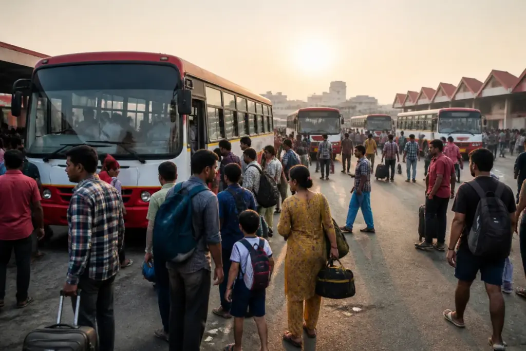 Ahmedabad extra ST buses at a Gujarat bus stand during Diwali travel season