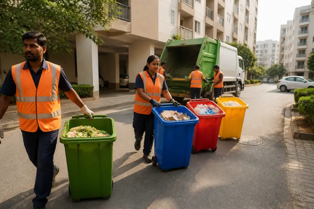 Ahmedabad waste fines notice near segregated waste bins and a municipal collection vehicle