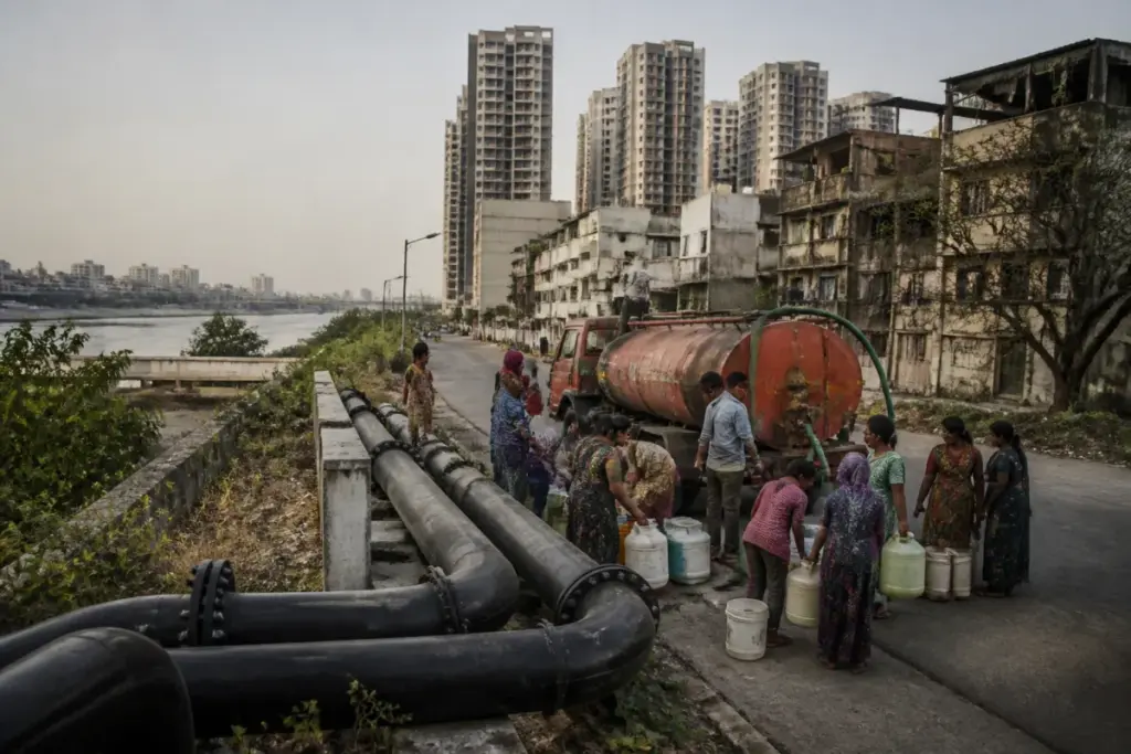 Ahmedabad water supply pipes and a tanker representing the city’s water crisis warning
