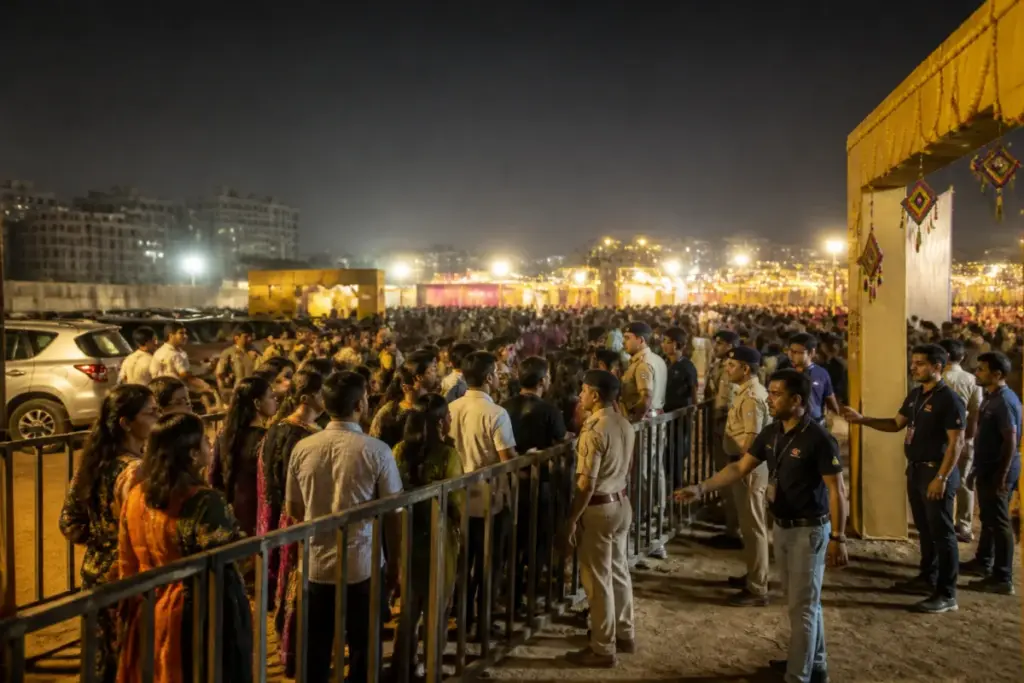 Crowd gathered outside an Ahmedabad garba event venue during an entry disruption