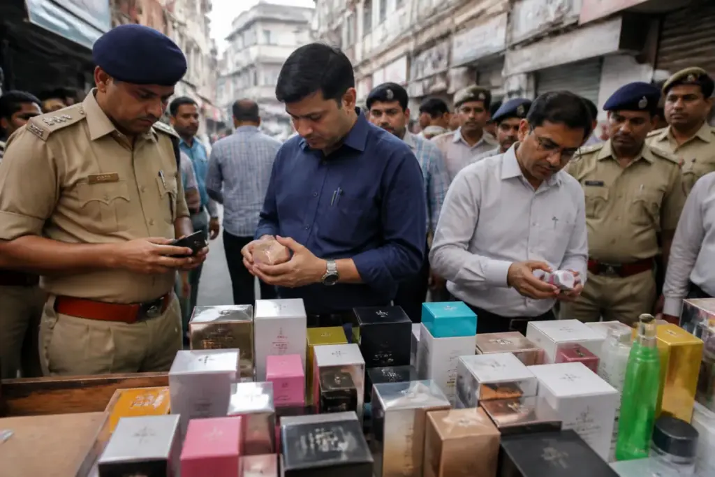 Ahmedabad counterfeit cosmetics seized during a police raid at two Gheekanta shops
