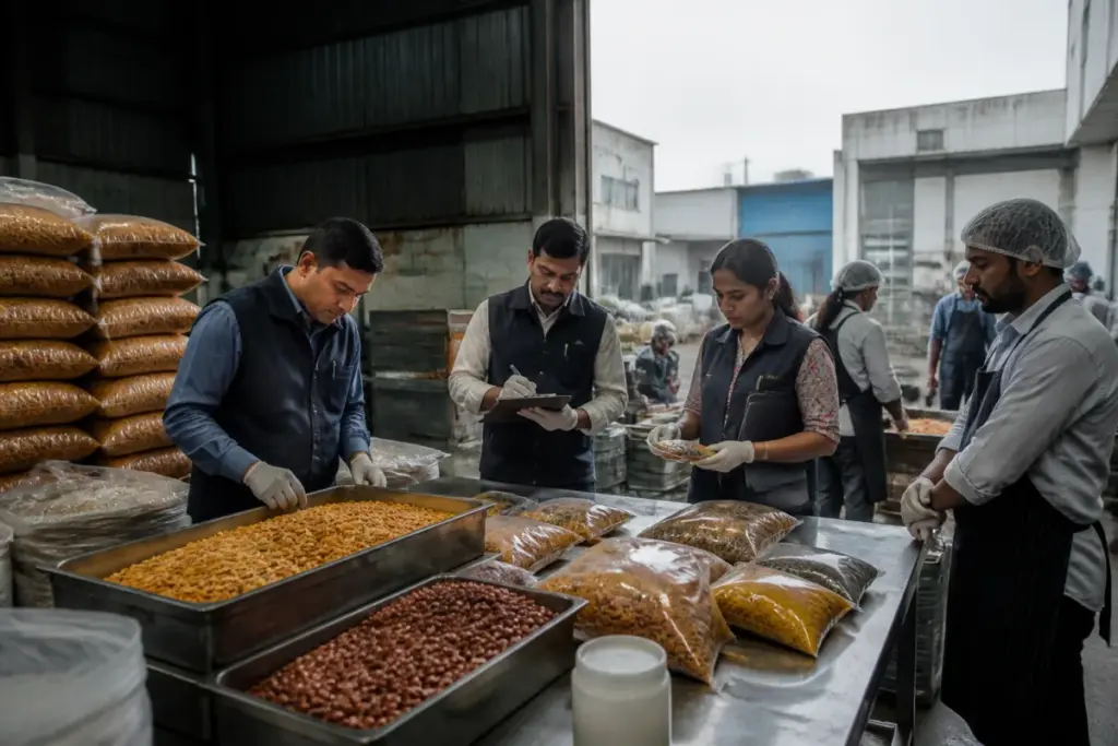 Ahmedabad food safety officials inspect seized snacks at a Danilimda food unit