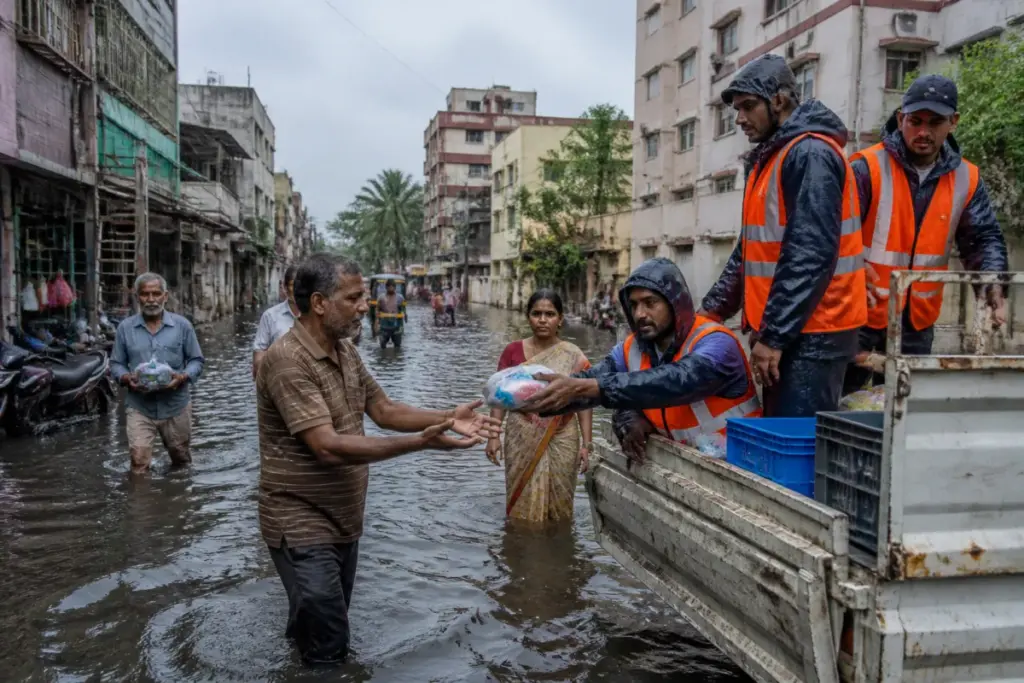 Ahmedabad waterlogging on a flooded urban street with residents and municipal relief activity