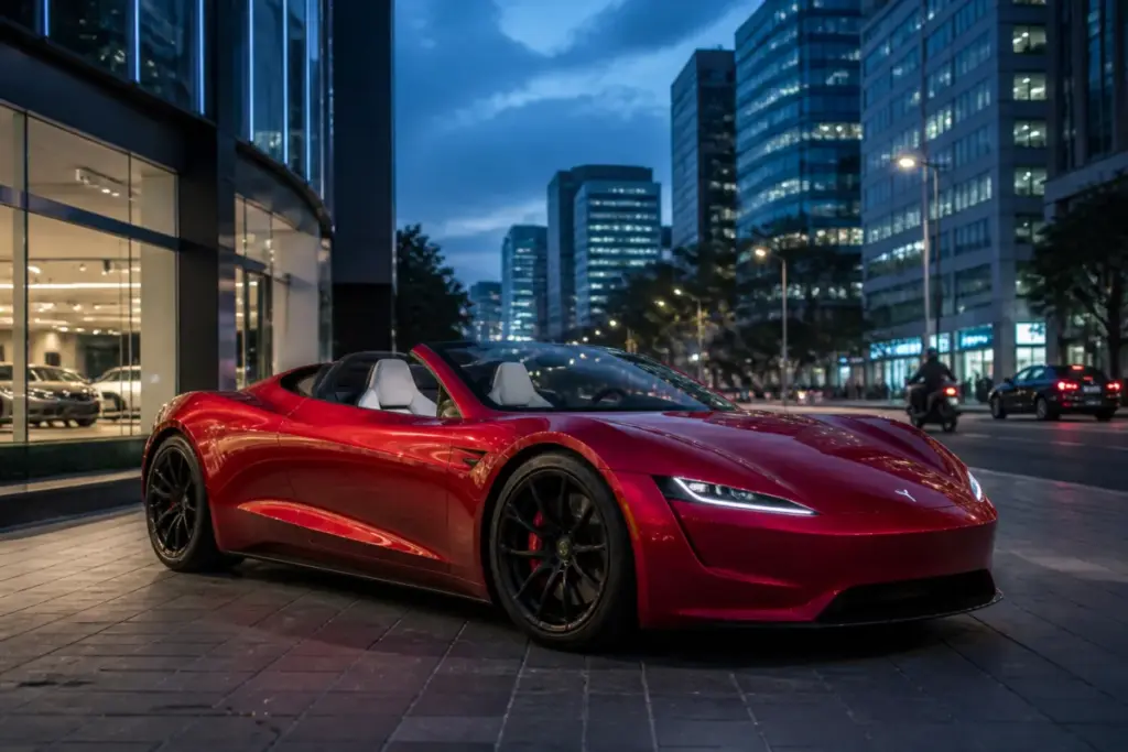 Tesla Roadster India reservation story featuring a futuristic electric sports car
