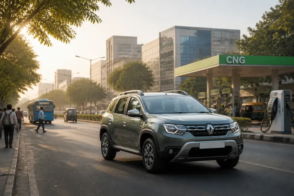 Renault India powertrain strategy shown through a hybrid SUV on an urban Indian road