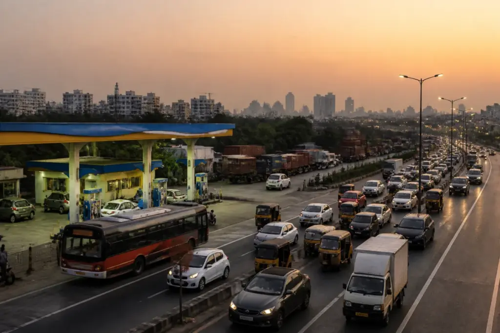 Crude oil prices in India story illustrated by fuel transport and an urban road network