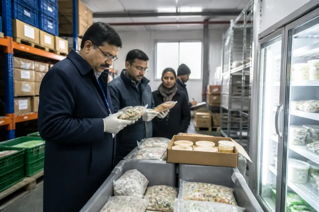 Delhi food safety inspections at an online grocery storage facility with packaged food and cold storage shelves