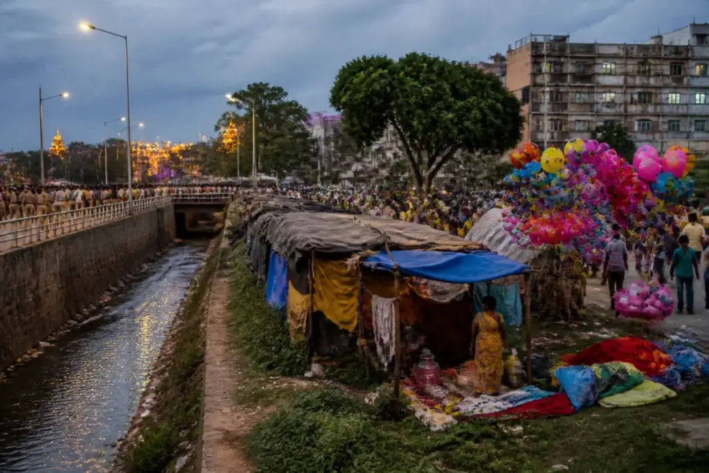 Mysuru Dasara crowd and a police presence near a temporary vendor settlement