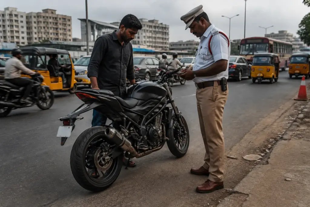 Modified motorcycle on a Chennai road during a police road-safety crackdown