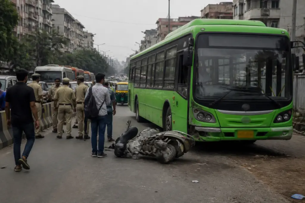 Delhi bus crash scene involving a DTC bus and scooter on an urban road