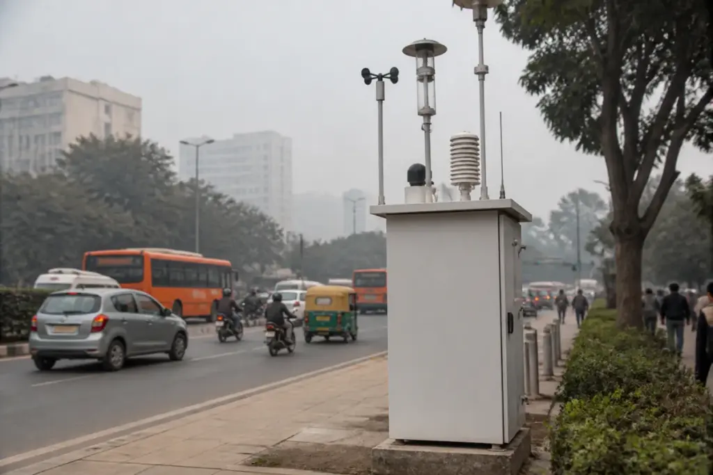 Delhi pollution monitoring equipment at an urban roadside site under a grey winter sky