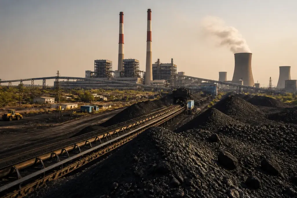 Telangana coal stocks at a thermal power plant with coal handling infrastructure