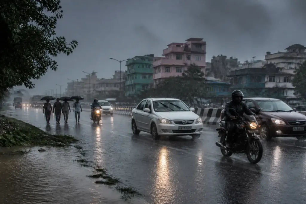 Chengalpattu orange alert during heavy rain over an urban road in Tamil Nadu