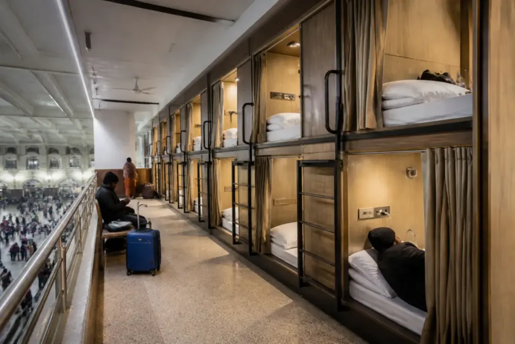 Malda station sleeping pods facility for passengers waiting for connecting trains