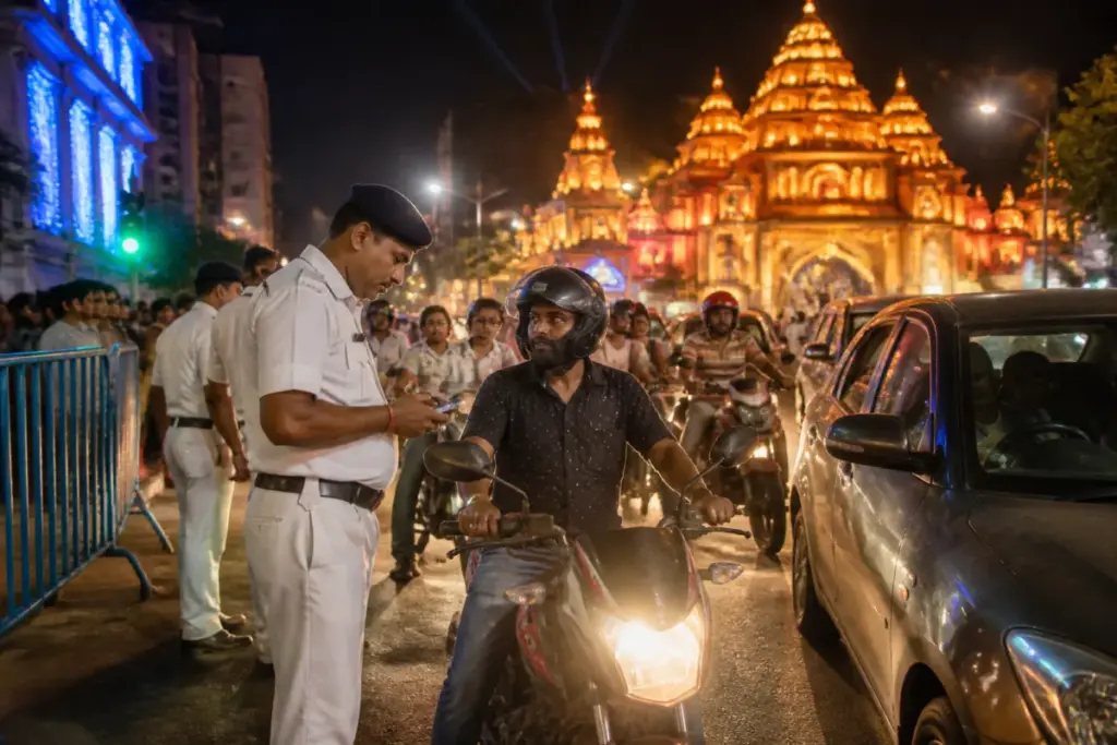 Kolkata traffic police enforcing road safety during Durga Puja night