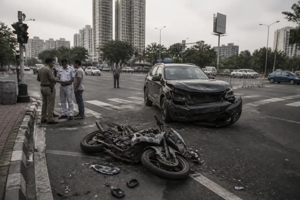Kolkata road accident scene at the Anandapur crossing with a damaged motorcycle and car