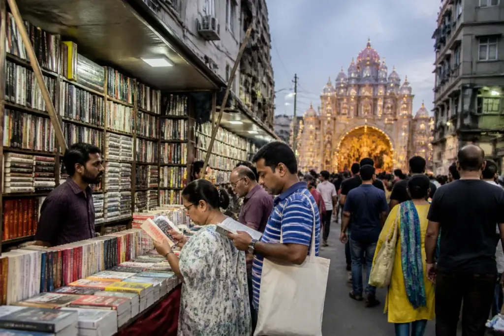 Kolkata book stalls near a Durga Puja pandal with visitors browsing political books