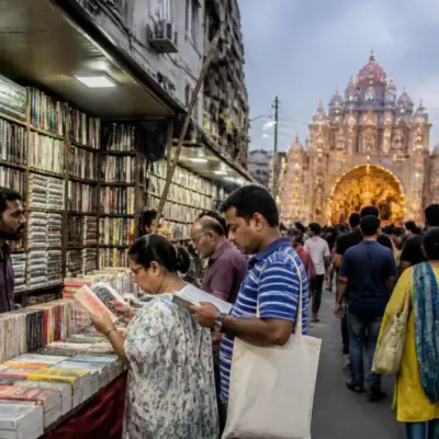 Kolkata book stalls near a Durga Puja pandal with visitors browsing political books