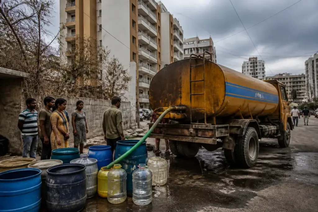 Water tanker supplying a Hyderabad neighbourhood amid the city’s water crisis