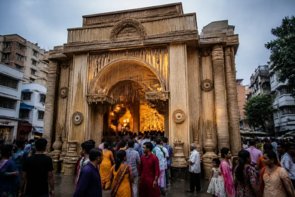 Kolkata jute puja pandal decorated with sustainable jute materials during Durga Puja.