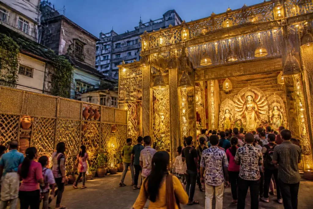 Eco-friendly Durga Puja pandal near Belgachia Metro station in Kolkata