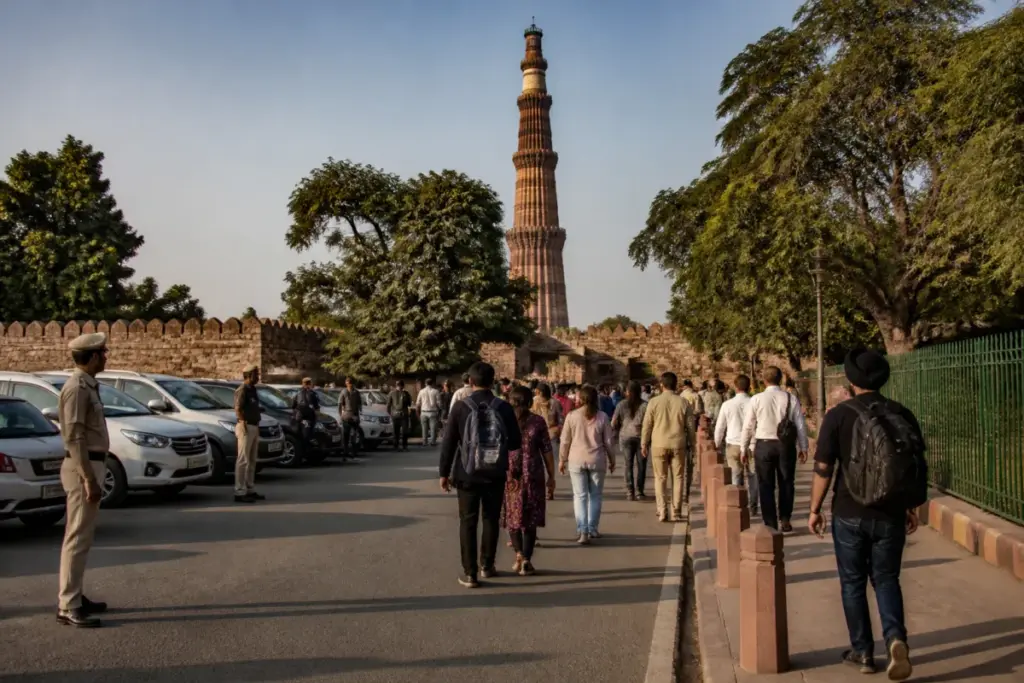 Qutub Minar parking area where tourists face alleged tout activity in Delhi