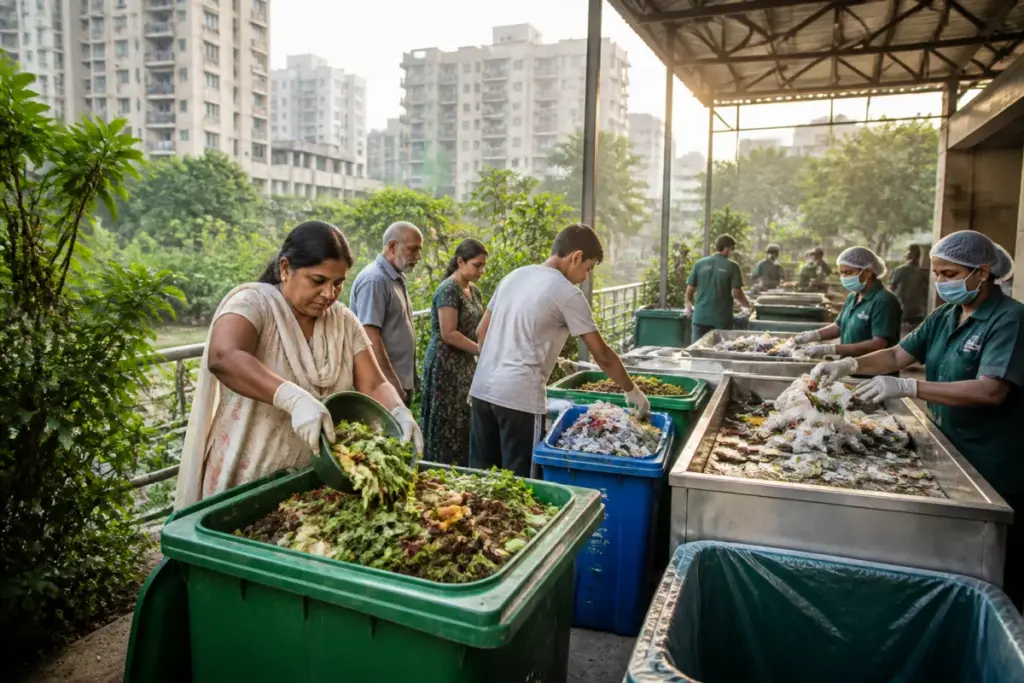 Delhi zero-waste colonies sorting waste at a decentralised processing site