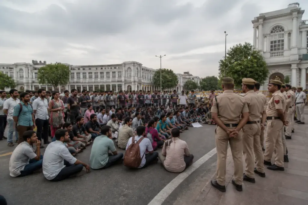 Delhi protesters gathered near Connaught Place after Abhijeet Dipke received conditional bail.