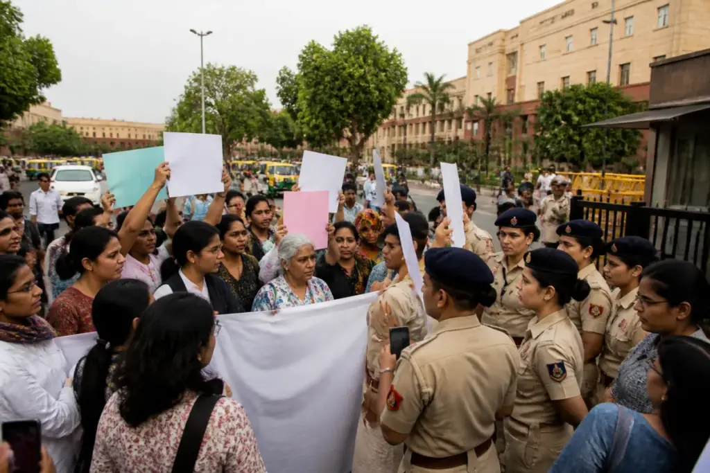 Women protesters marching near Delhi Police Headquarters during a SIR protest