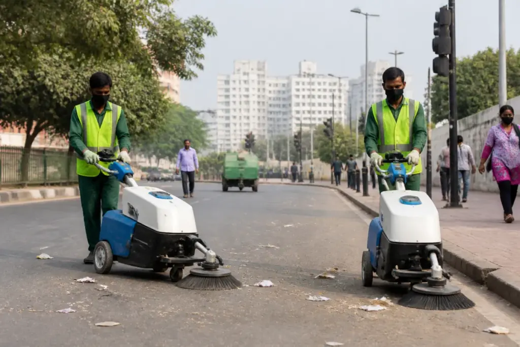 Mechanical litter pickers supporting Delhi waste management on a city road