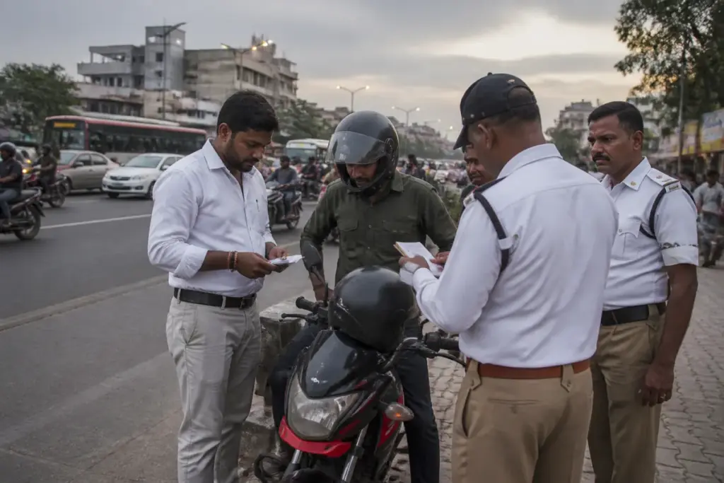 Pune bike taxi enforcement near a city road with a motorcycle and transport officials