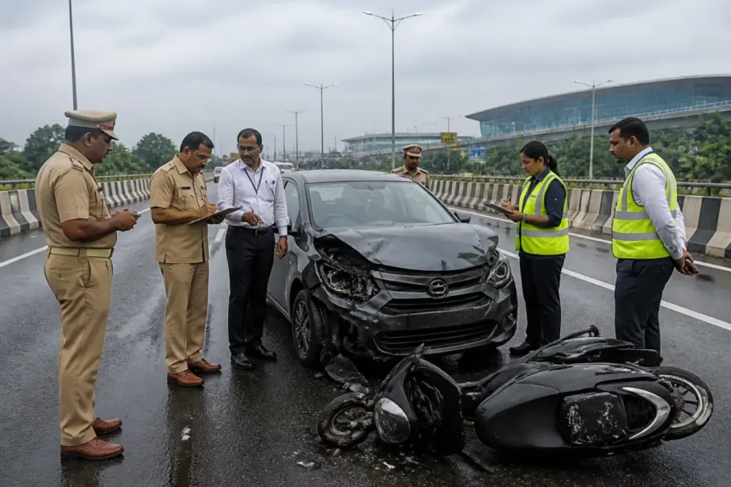 Police inspect the accident site on the airport road near Nedumbassery in the Kochi crash case.
