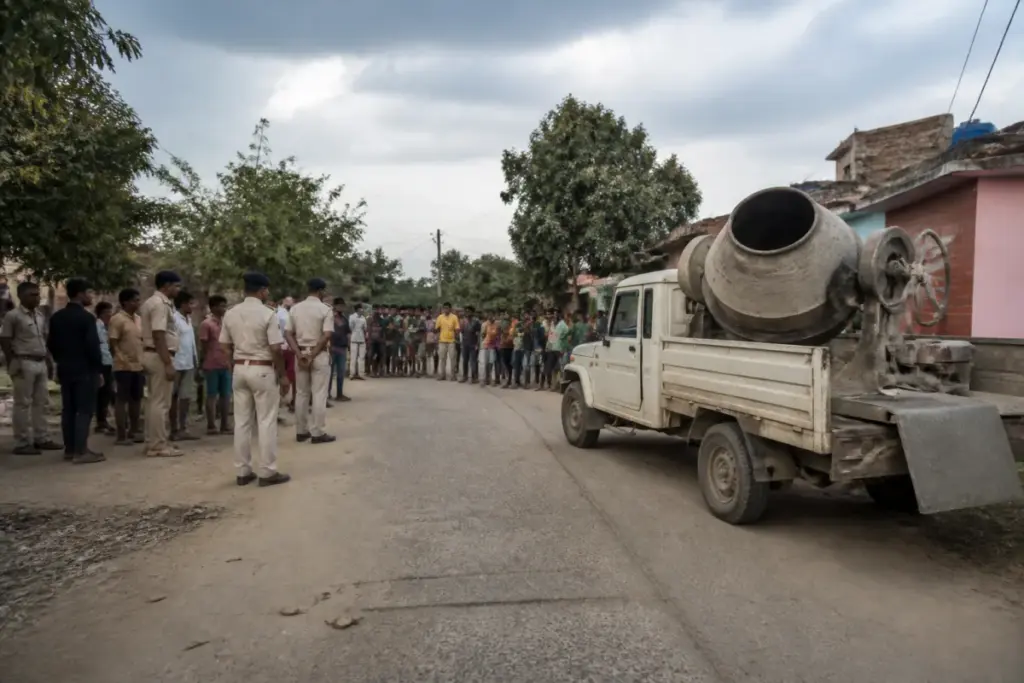 Concrete mixer accident scene on a rural road in Chatra, Jharkhand
