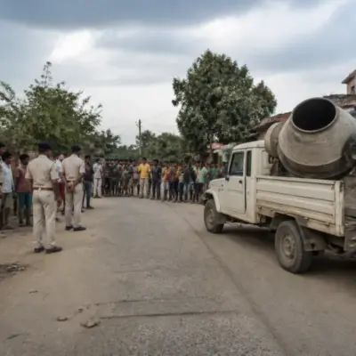 Concrete mixer accident scene on a rural road in Chatra, Jharkhand