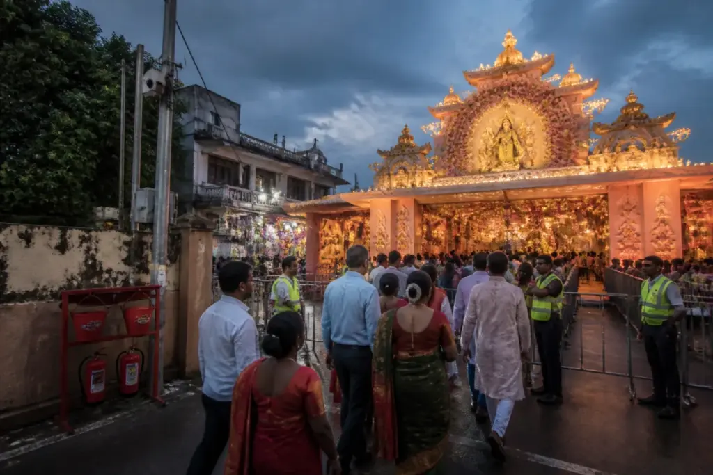 Durga Puja safety rules at a decorated pandal with CCTV and crowd-control arrangements
