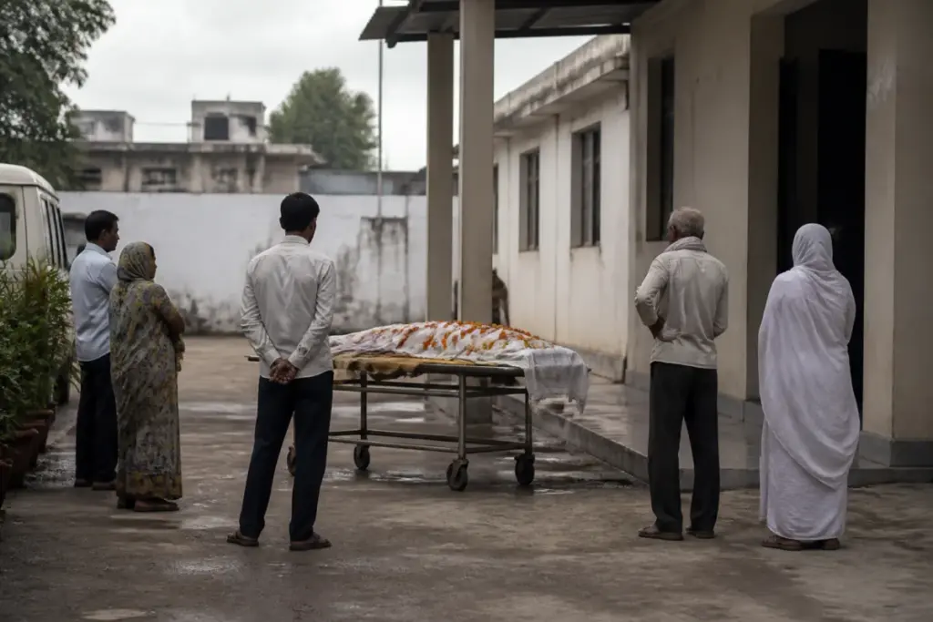 Guna family performing final rituals near a hospital mortuary after alleged landlord refusal