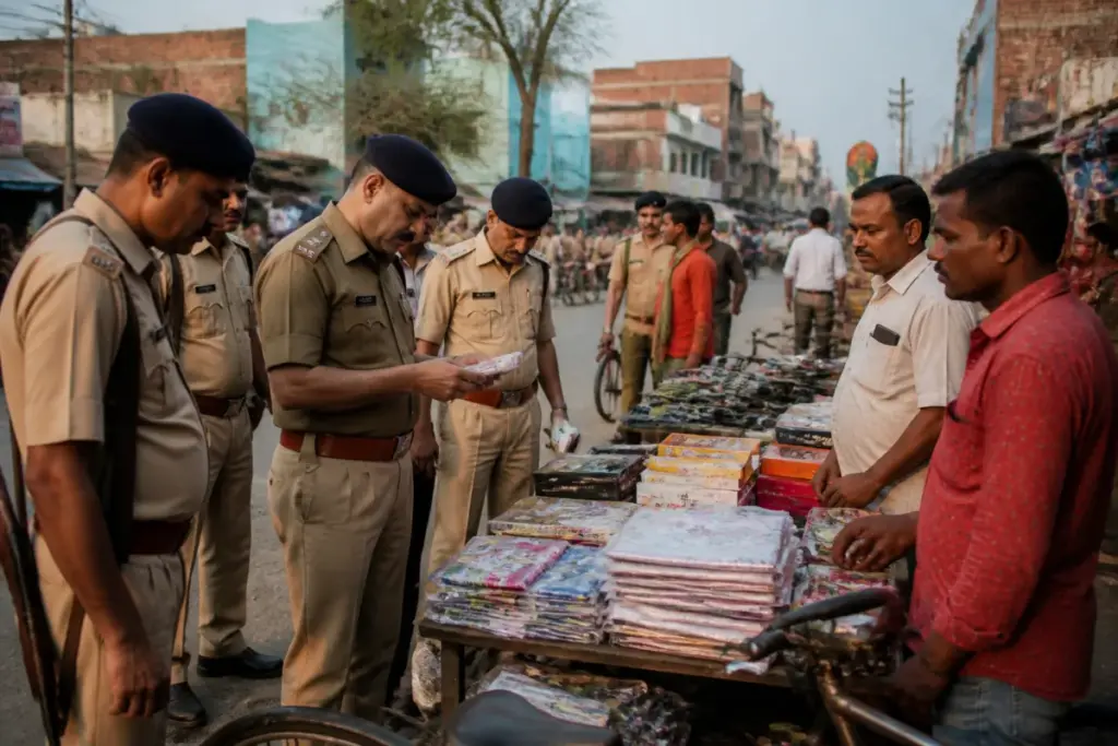 Hawkers selling goods on a Motihari street near the India-Nepal border