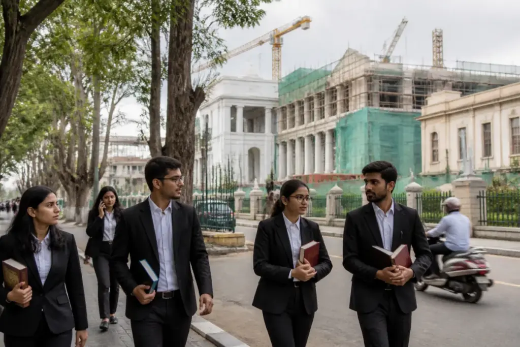 Karnataka judicial coaching institute campus proposal in Bengaluru with law students and civic buildings