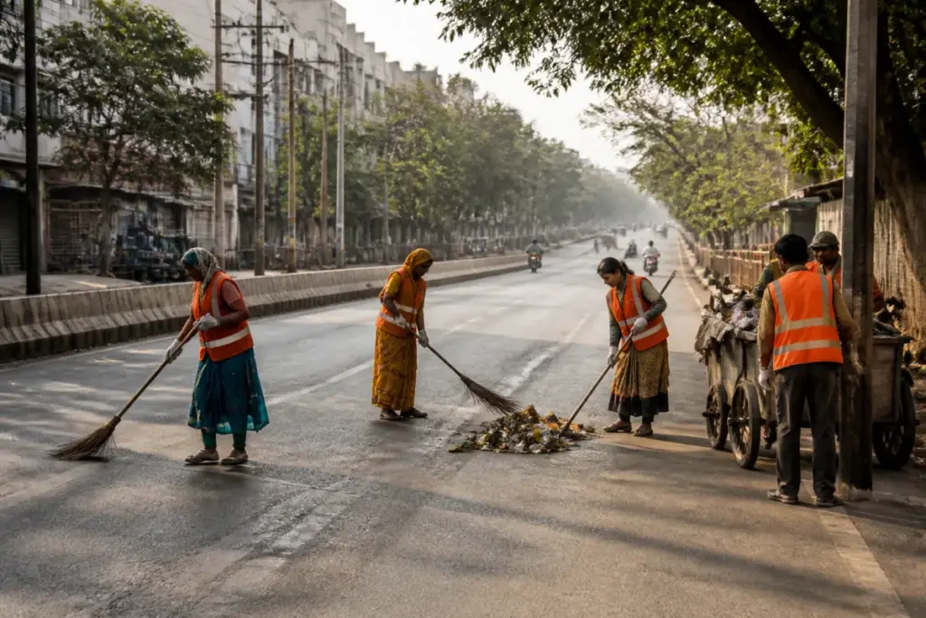 Pune road cleaning workers sweeping a city street beside a cleaned public space