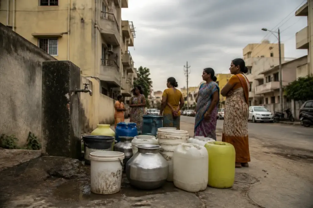 Pune water cut and a municipal tap supplying water during the city’s weekly shutdown