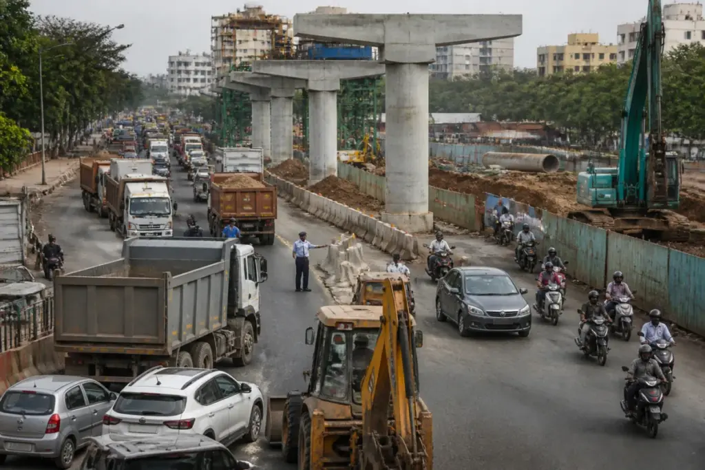 Heavy vehicles diverted near Katraj during Pune metro construction