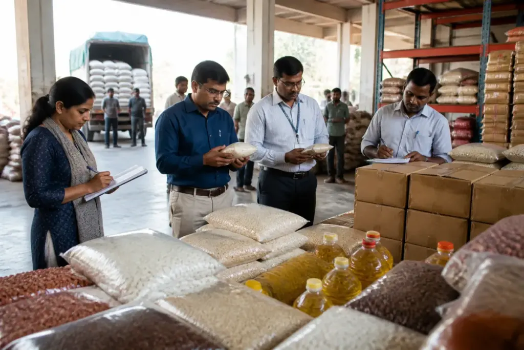 Pune food safety raids at a food storage facility with seized packaged goods