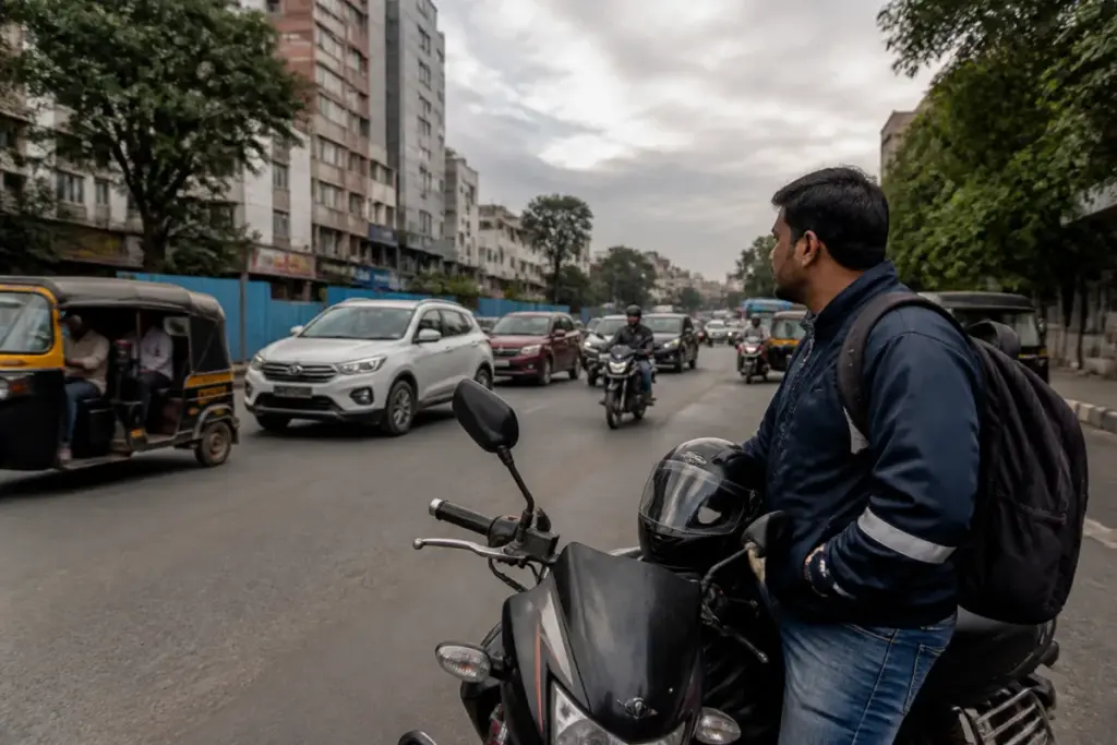 Pune Rapido bike taxi rider on a city road amid urban traffic