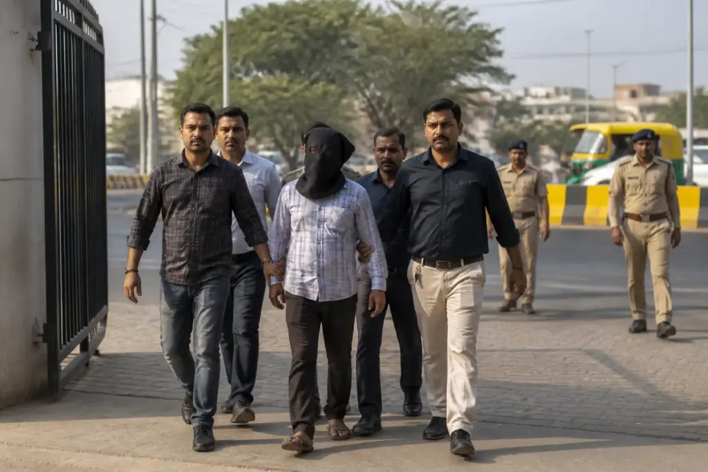 Police arrest in a digital arrest scam linked to an Ahmedabad cyber fraud case