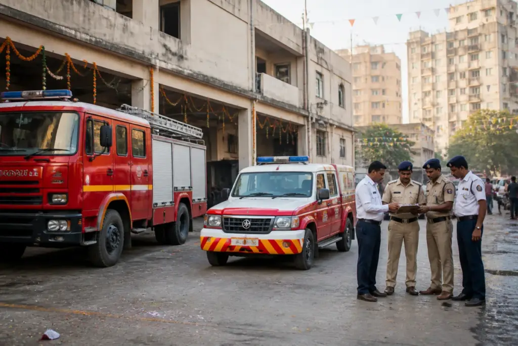 Ahmedabad Fire Department vehicle outside a municipal fire station