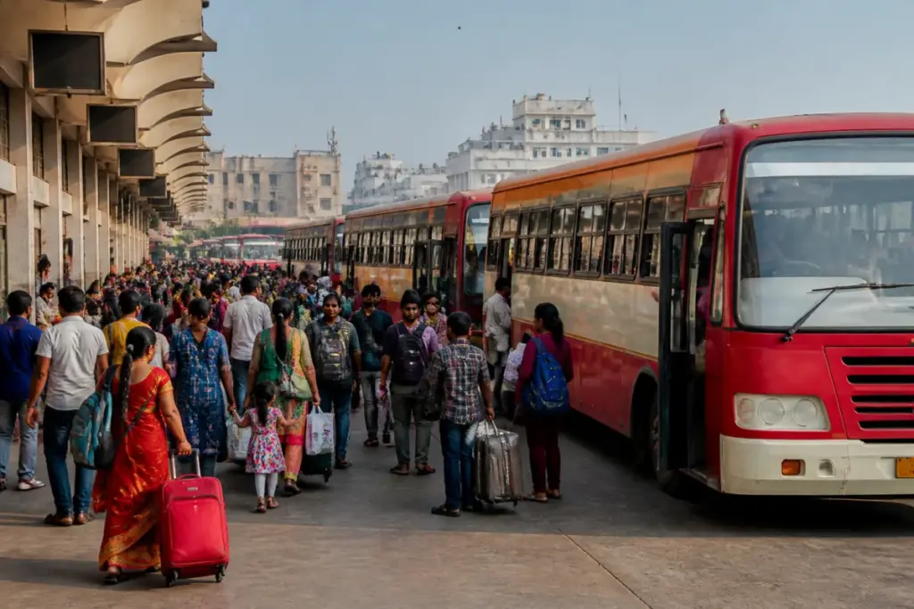 Ahmedabad Diwali bus service at a busy Gujarat ST bus stand with passengers and luggage