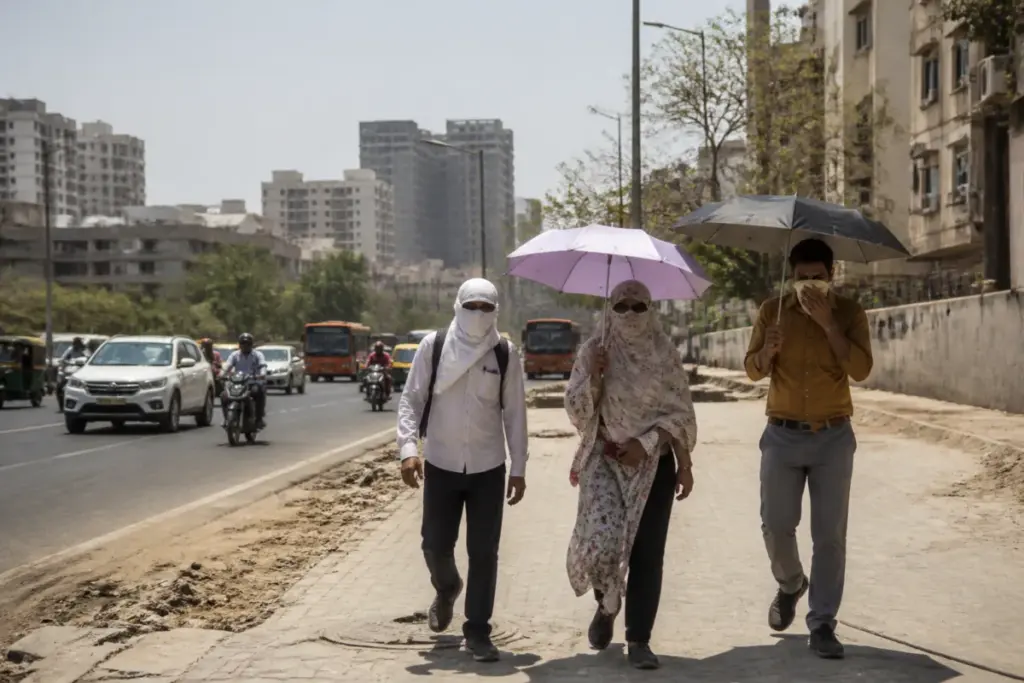 Gujarat UV index warning over a sunlit urban street in Ahmedabad