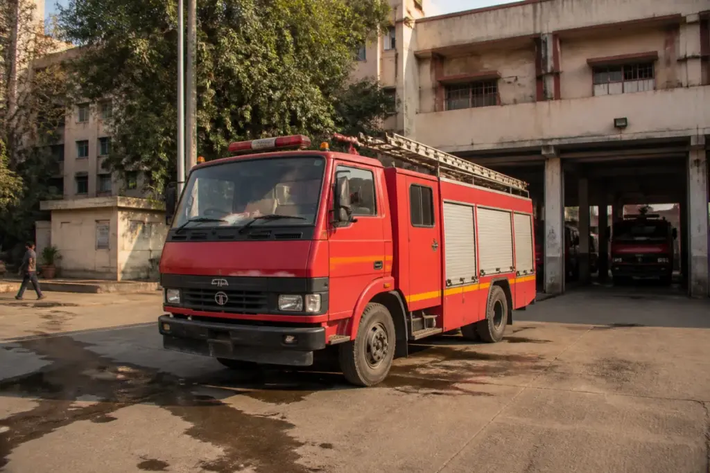 Ahmedabad Fire Department vehicle outside a municipal fire station