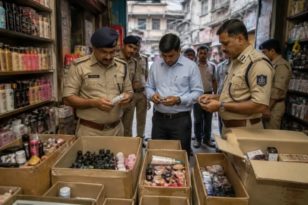 Ahmedabad fake cosmetics seized during a police raid at a Gheekanta shop